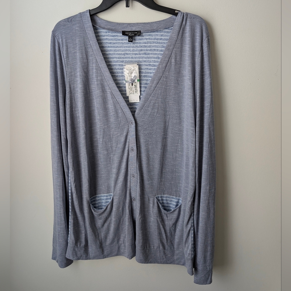 Spense Knits Blue Striped Linen Blend Cardigan Size Large NEW